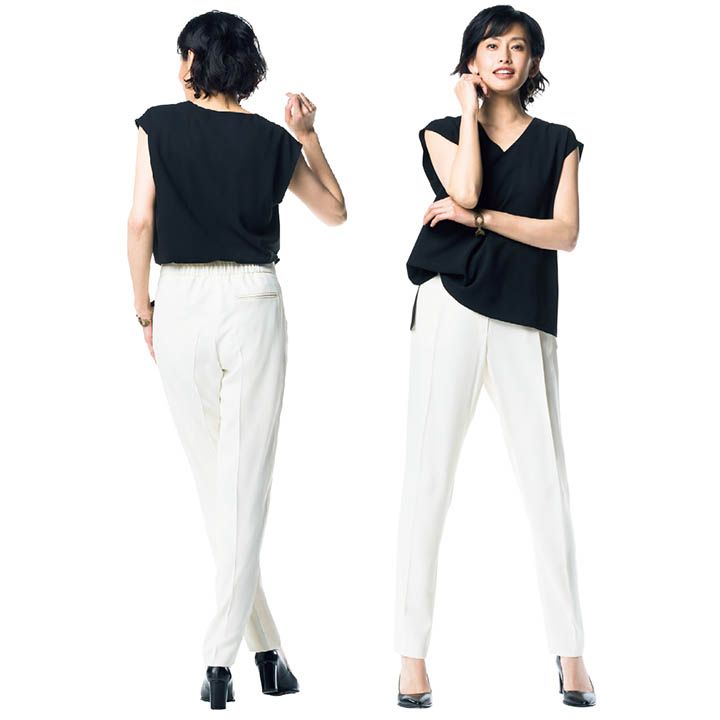 【1】トッズのブラックヒール×ブラウス×パンツ