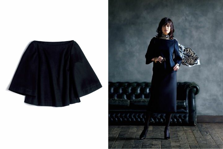 カシミアフラノのプルオーバー『ミーナ』￥200,000［サイズ：38 号（＝9 号）］・ウールシルクのスカート￥110,000・シルクのスカーフ￥32,000（オールウェイズ〈MIKAKO NAKAMURA〉） サングラス￥37,000（ケリング アイウエア ジャパン〈グッチ〉） ピアス￥31,000・右手のバングル￥54,000・同リング￥25,000・左手のバングル￥46,000・同リング￥14,000（ポアレ ジャポン〈オーレリ ビデルマン〉） 靴￥77,000（セルジオロッシ）