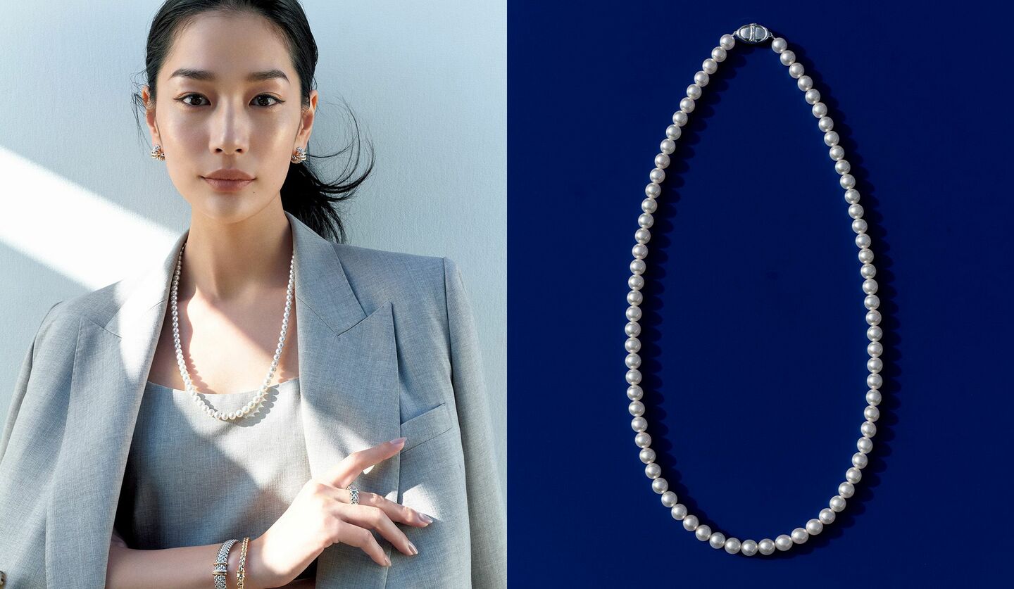 森パールのパールネックレスと着用したモデル