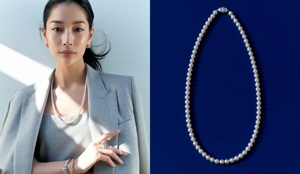 絶妙レングスのパールネックレスが、セットアップスタイルに洗練とこなれ感を宿して｜清潔感漂う上品な輝き
