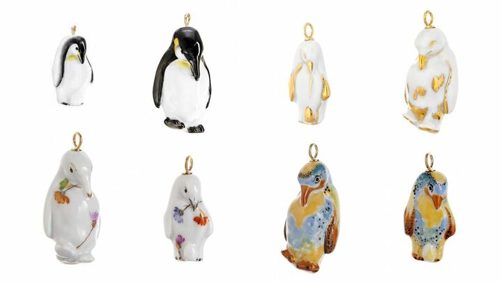 上段・左から/ペンダント「ネイチャーライト」ペンギン(ハーフ)¥45,000、ペンダント「ネイチャーライト」ペンギン(フル)¥78,000、ペンダント「ゴールド」ペンギン(ハーフ)¥45,000、ペンダント「ゴールド」ペンギン(フル)¥55,000