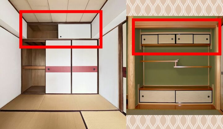 「天袋」とは画像のような「押し入れや床の間の脇の上部に設ける袋棚(ふくろだな)」のことです。