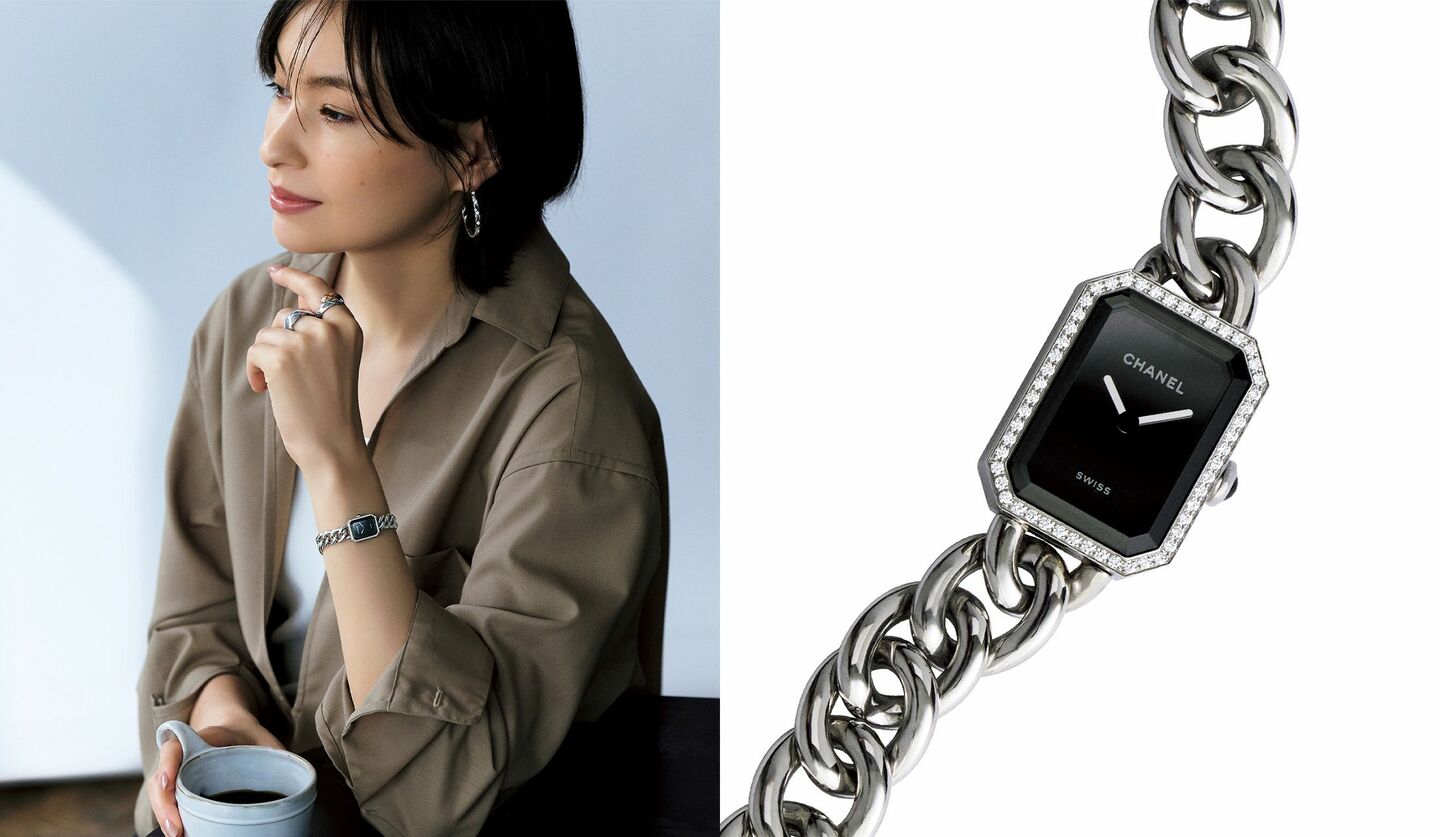 スキッパーシャツに「シャネル」の時計『プルミエール』を合わせたモデルの太田莉菜さん