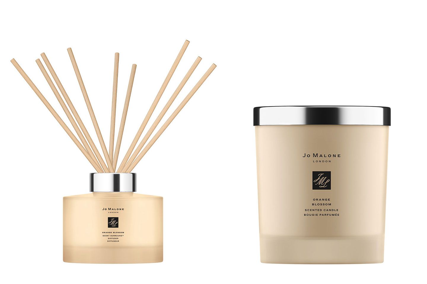 オレンジブロッサム 左/セント サラウンド ディフューザー 165ml ¥12,600 右/ホームキャンドル 200g¥9,000(ともに5月1日限定発売)