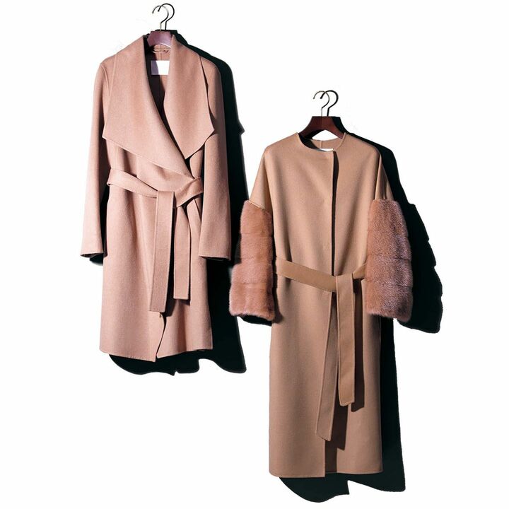 左／コート￥125,000／サイズ展開：32･34･36･38･40（ドイツサイズ）、ベルト付き［ウール50%×ポリエステル25%×レーヨン25%］（ヒューゴ ボス ジャパン〈ボス〉）、右／コート￥292,000／サイズ展開：38･40（イタリアサイズ）、ベルト付き［ウール100%・ミンク（袖）］（サードカルチャー〈アヴァ アドア〉）　[Precious2018年11月号135ページ]