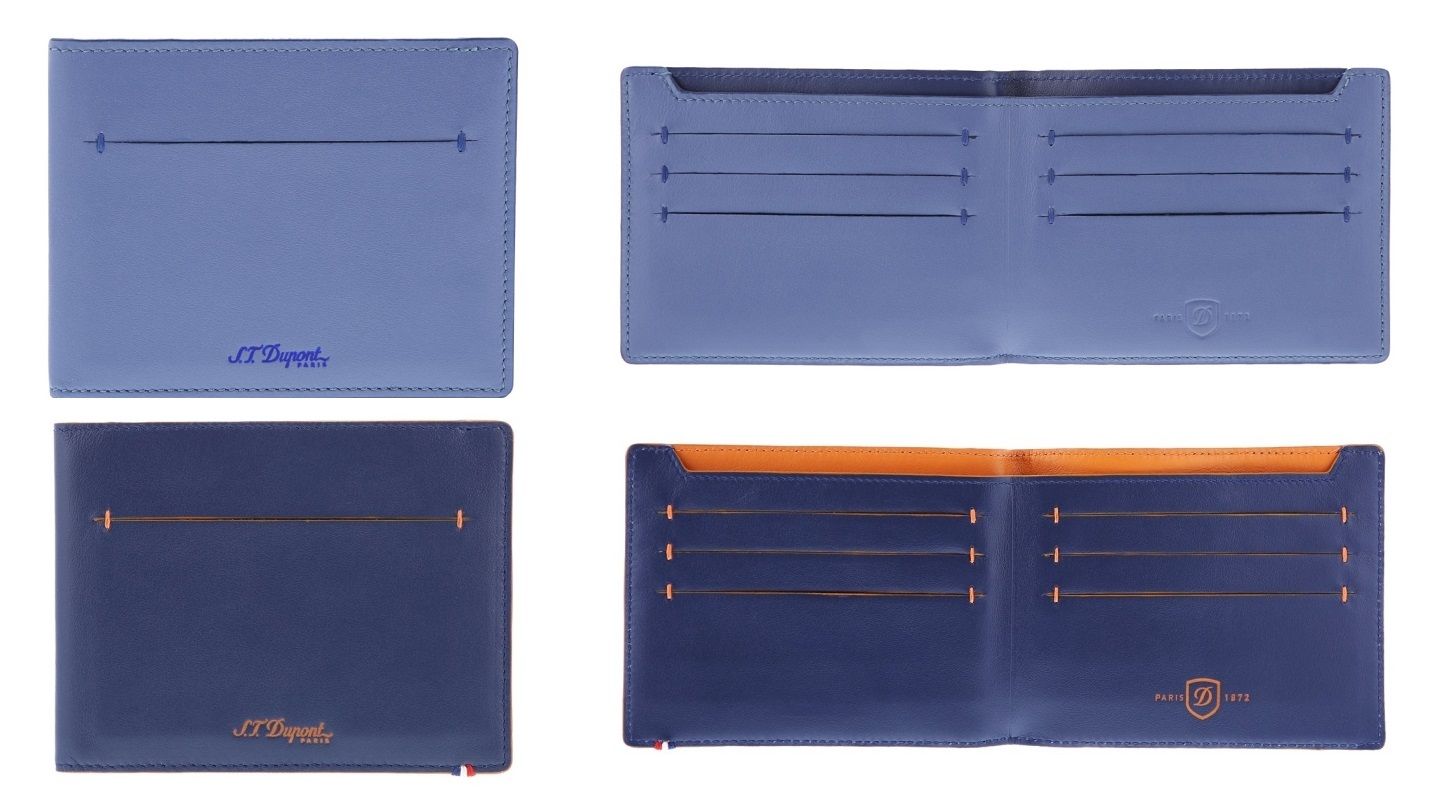 エス・テー・デュポン レザーコレクション「ラインD スリム」二つ折り財布 各¥35,000【縦9x横11.5cm、ブルー&ダークブルー&ブルー&オレンジ】