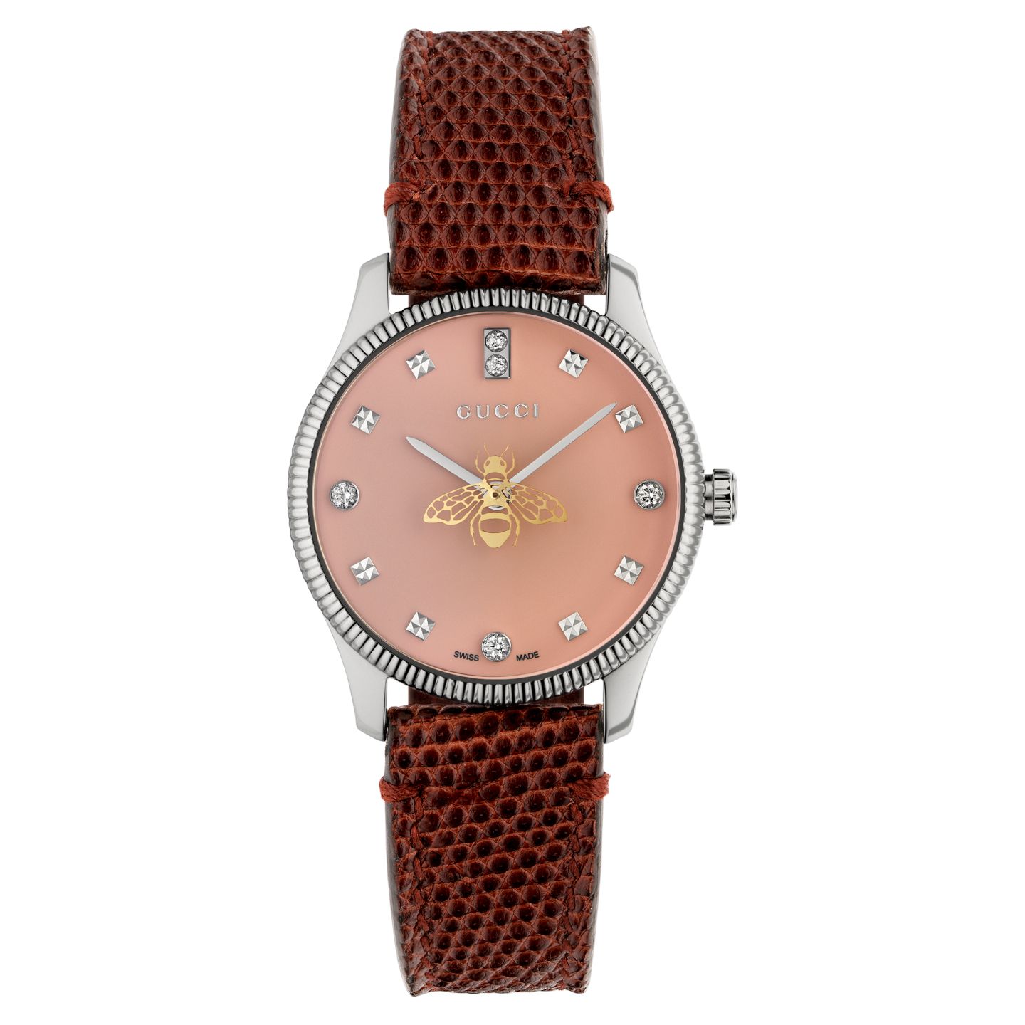 時計「G-タイムレススリム」 ¥160,000【品番:YA1265017、ケース径:29mm、ケースカラー:ステンレススチール、ダイアル:ピンク、ブレスレット:レッドリザードストラップ】