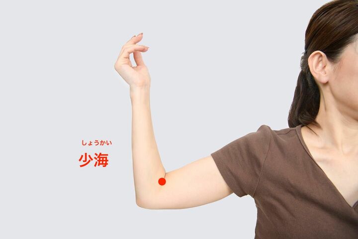 肘の内側にある「少海」の位置を確認