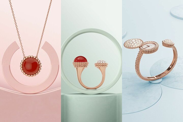 左から／ペンダント「ペルレ クルール」［ピンクゴールド×カーネリアン］￥199,800・中／アントレ レ ドア リング「ペルレ クルール」［ピンクゴールド×ダイヤモンド×カーネリアン］￥820,800・「ペルレ ウォッチ」［ピンクゴールド×ダイヤモンド×マザー オブ パール］￥7,128,000