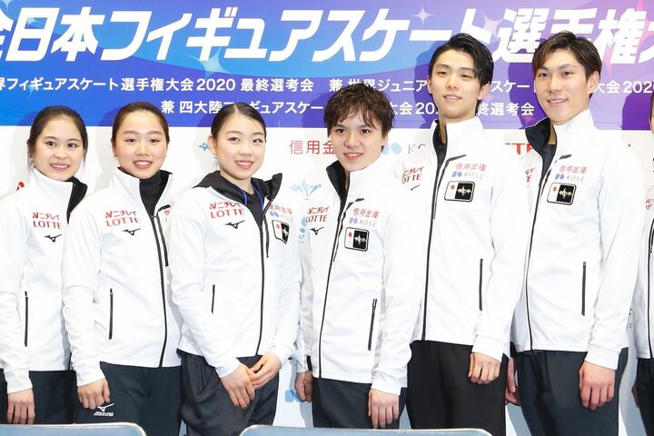 世界選手権出場が決定した選手（左から）宮原知子、樋口新葉、紀平梨花、宇野昌磨、羽生結弦、田中刑事 写真：田村翔/アフロスポーツ
