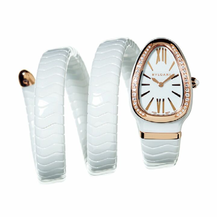 「セルペンティ スピガ」￥1,310,000［ケース：PG、ケース長径：35mm、ストラップ：ホワイトセラミック、クオーツ］（ブルガリ ジャパン）