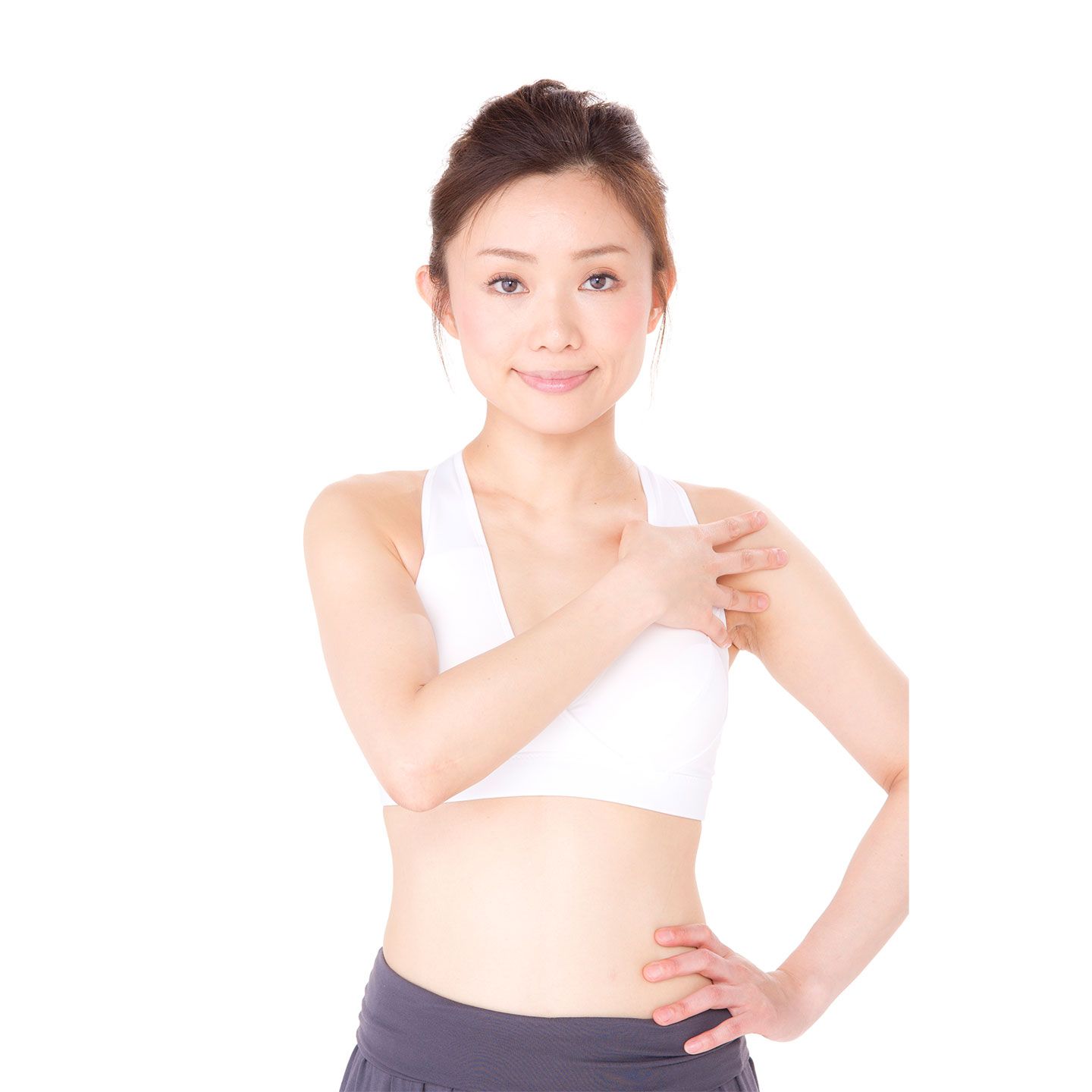 親指の先で、鎖骨の下、バスト全体をプッシュします。大胸筋を深部からほぐすことを意識しながら、骨の間に指をぐっと差し込むように。両手で同時に行っても、片手で片側ずつ行ってもOKです。