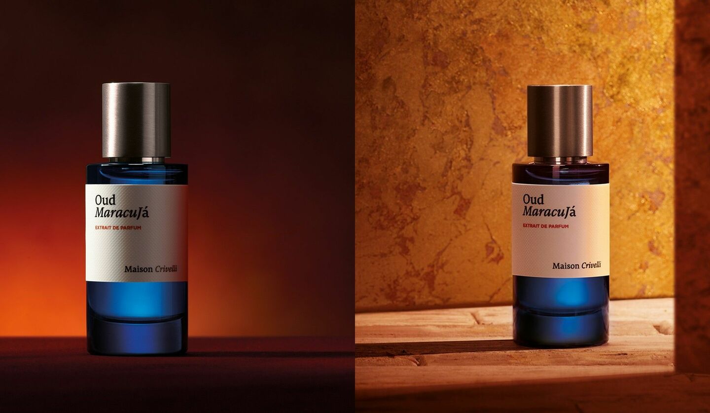 メゾン クリヴェリの新作フレグランス「ウード マラクージャ エキストレ ド パルファム」の青い香水瓶