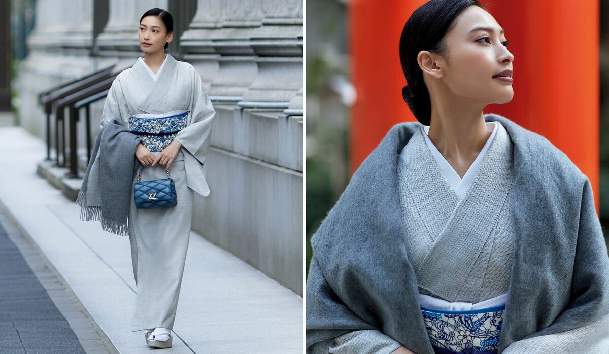 大政 絢さんと、結城紬の着物｜豊かな柄の藍色の帯で軽やかに洗練され