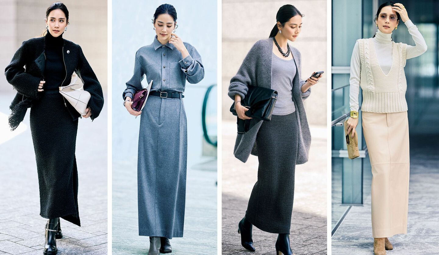 ロングタイトスカートのコーディネートを着用したモデルのAtsukoさん