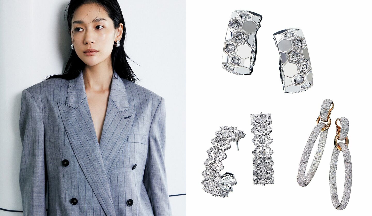 メンズライクなジャケットを着用したモデルの大塚まゆかさんとショーメ、ポメラート、ブチェラッティのダイヤモンドフープイヤリング