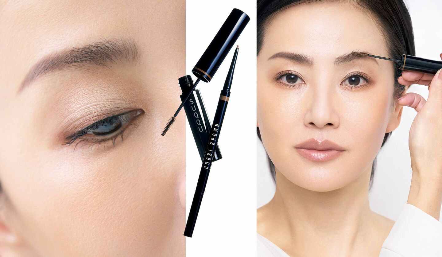 眉メイクをするモデルの顔のアップとメイクアイテム