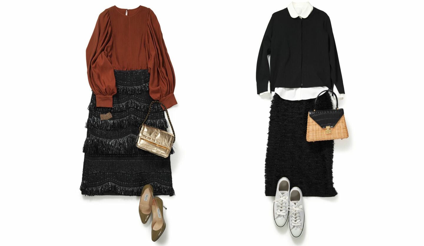 人気スタイリストのおすすめ！素材感で差がつく黒ストレートスカート