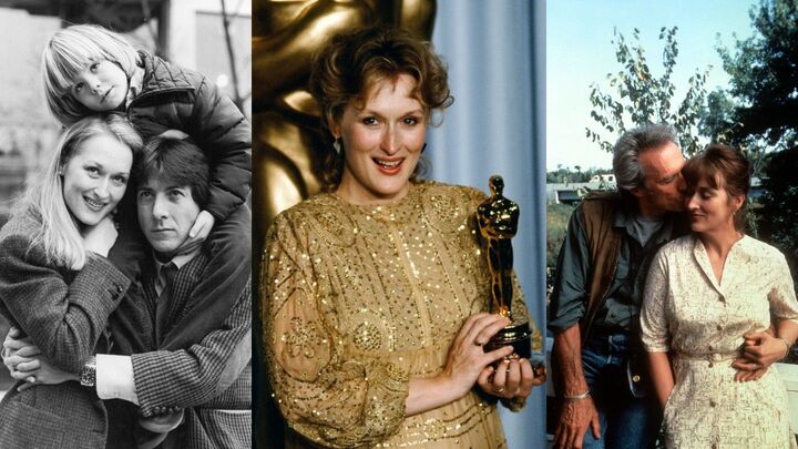 左／1979年公開、ロバート・ベントン監督の映画『クレイマー、クレイマー』のワンシーン。ダスティン・ホフマン、ジャスティン・ヘンリーと（C）Express/Getty Images　中／1983年4月、第55回アカデミー賞授賞式にて。映画『ソフィーの選択』で主演女優賞を受賞（C）Michael Montfort/Michael Ochs Archives/Getty Images　右／映画『マディソン郡の橋』のワンシーン。クリント・イーストウッドとメリル・ストリープ（C）Warner Brothers/Getty Images