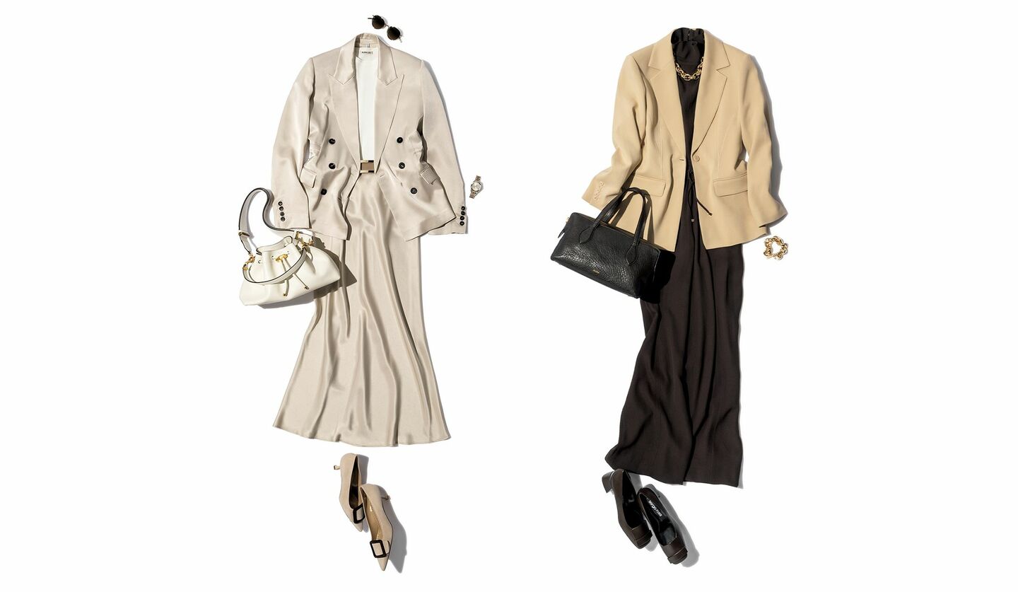 スタイリストの大西真理子さんによるベージュジャケットのコーディネート2種