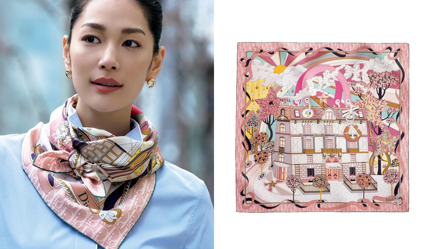 スカーフを着用したモデルの大塚まゆかさんとスカーフ「ディオール アヴェニュー」