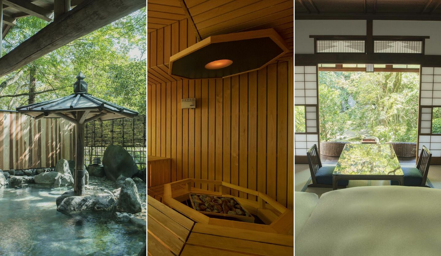 おちあいろうの貸切露天風呂、「月の湯」のサウナ、客室「山櫻花」のイメージ