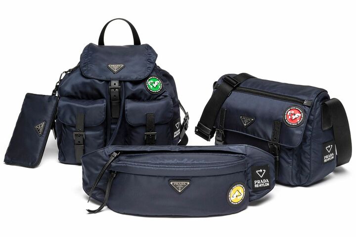 左から/バックパック「Re-Nylon」【縦32×横30×マチ15cm】¥197,000・ベルトバッグ「Re-Nylon」【縦13×横30cm】¥85,000・ショルダーバッグ「Re-Nylon」【縦25×横32×マチ12cm】¥161,000(税抜)