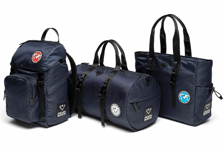 左から/バックパック「Re-Nylon」【縦34×横40×マチ16cm】¥167,000・トラベルバッグ「Re-Nylon」【縦27×横50×マチ27cm】¥195,000・トートバッグ「Re-Nylon」【縦45×横27×マチ17cm】¥188,000(税抜)