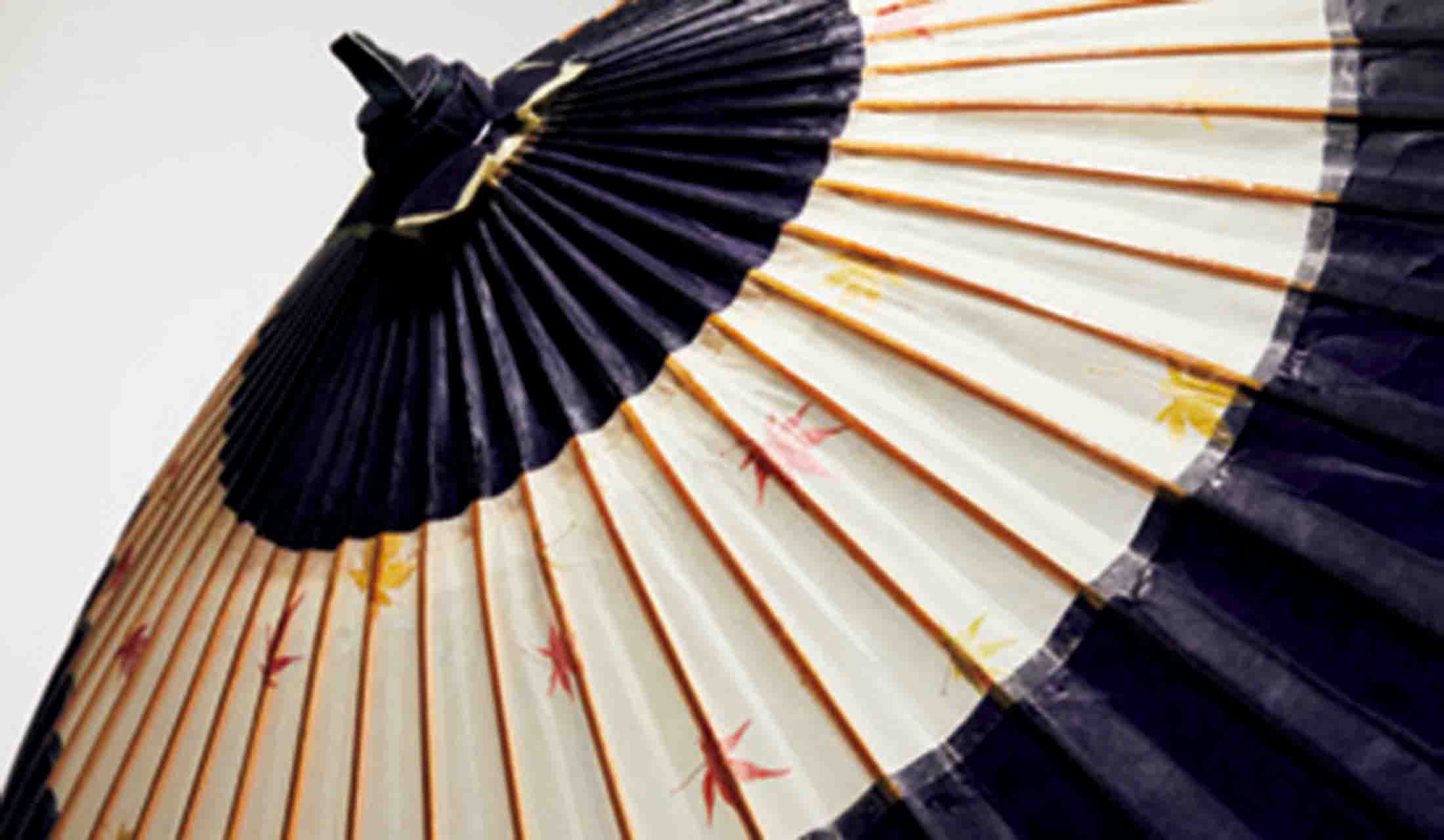傘の先端に近い「天井」といわれる技巧が必要な部分は、4枚の和紙をしっかりと重ねて補強し、重い雪に耐える。蛇の目の白いスペースには、和紙の間にもみじを挟み、和やかな美を表現する。骨組みの竹素材とのコントラストが実に風流だ。