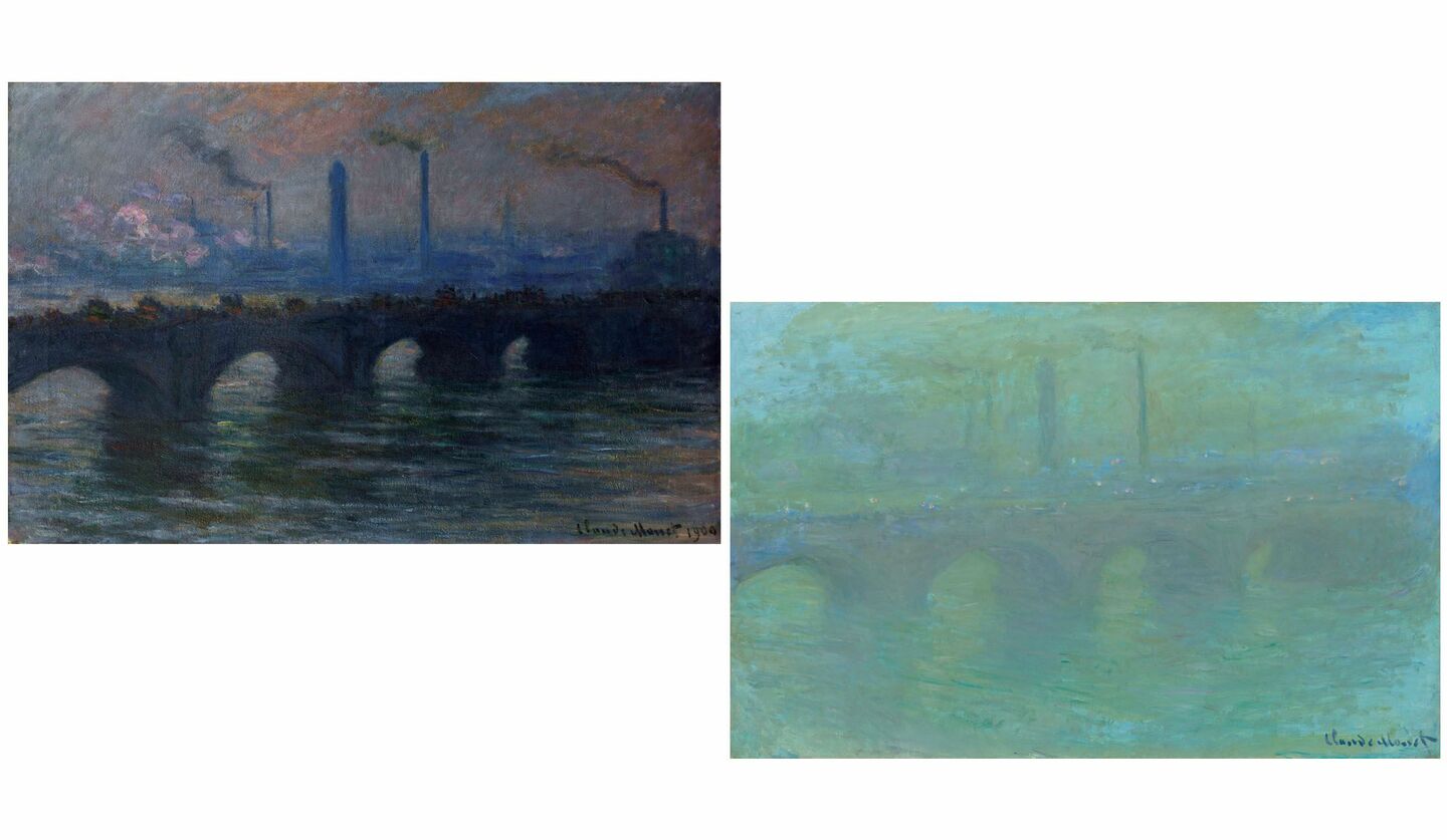 クロード・モネの作品、左から／クロード・モネ 《ウォータールー橋、曇り》・クロード・モネ 《ウォータールー橋、ロンドン、夕暮れ》