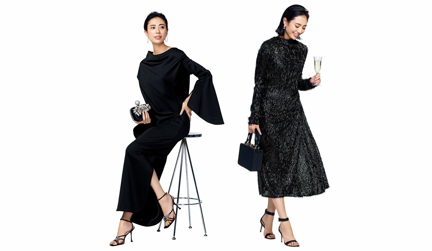 「アーデム」と「マメ クロゴウチ」のリトルブラックドレスを着用したモデルの土屋巴瑞季さん