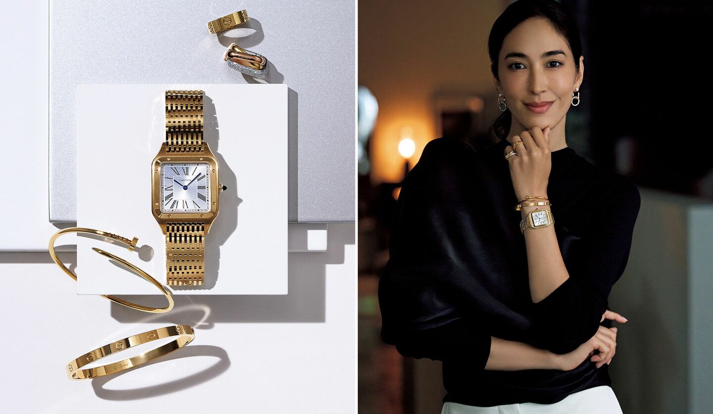 「カルティエ」のジュエリーとウォッチを着用したモデルの立野リカさん