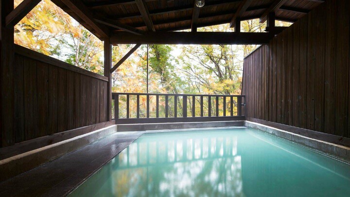 福島県にある「沼尻高原ロッジ」の森林浴気分で湯浴みができる露天風呂。