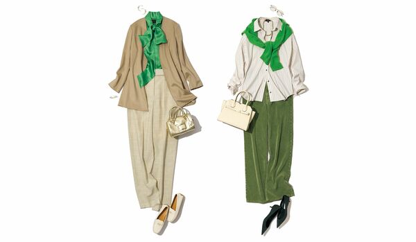 心ときめく最旬配色『ベージュ×きれい色』の着こなし｜鮮やかグリーンなら、顔周りに効かせるだけで旬度アップ！