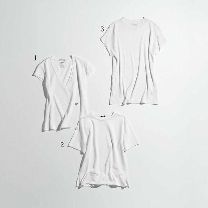 白Tシャツ 1.￥21,000／サイズ展開：00、01（アメリカサイズ）［コットン100％］（マディソンブルー）、2.￥11,000／サイズ展開：フリーサイズ ［オーガニックコットン100％］（アングローバル〈イレーヴ〉）、3.￥12,000／日本限定発売、サイズ展開：XS、S（アメリカサイズ）［コットン100％］（サザビーリーグ〈エキップモン〉）　［Precious2019年8月号153ページ］