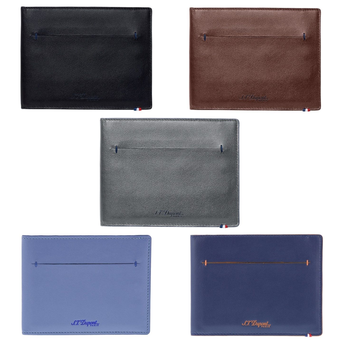 エス・テー・デュポン レザーコレクション「ライン Dスリム」二つ折り財布各¥35,000【縦9x横11.5cm、ブラック&ブルー・ブラウン&ブルー・グレー&ブルー・ブルー&ダークブルー・ブルー&オレンジ】