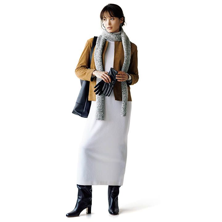 【12】ノーカラージャケット×白ワンピース×ストール