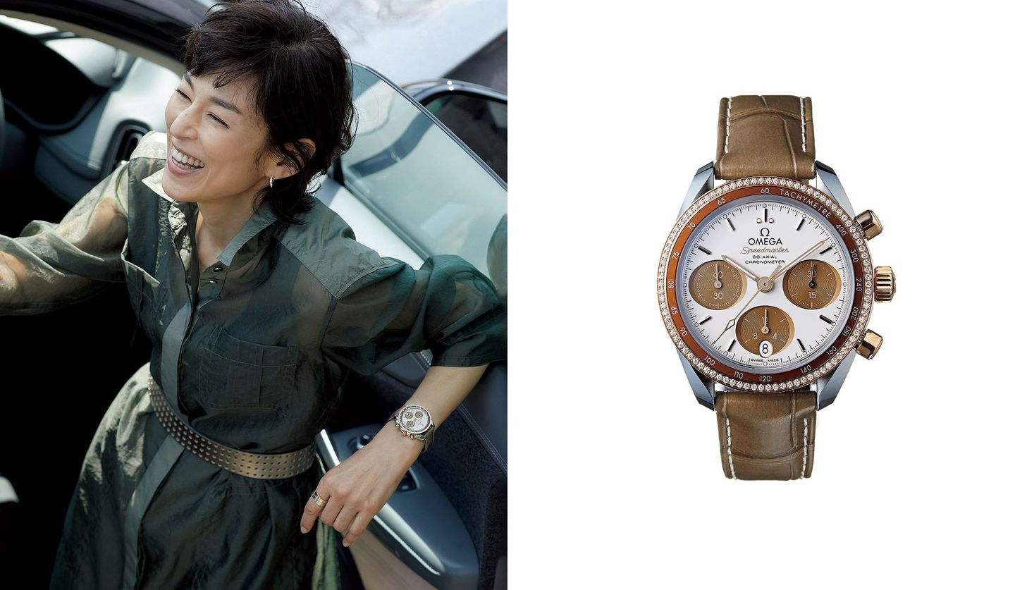 オメガの時計と、その時計を身に着けた鈴木保奈美さんの写真。