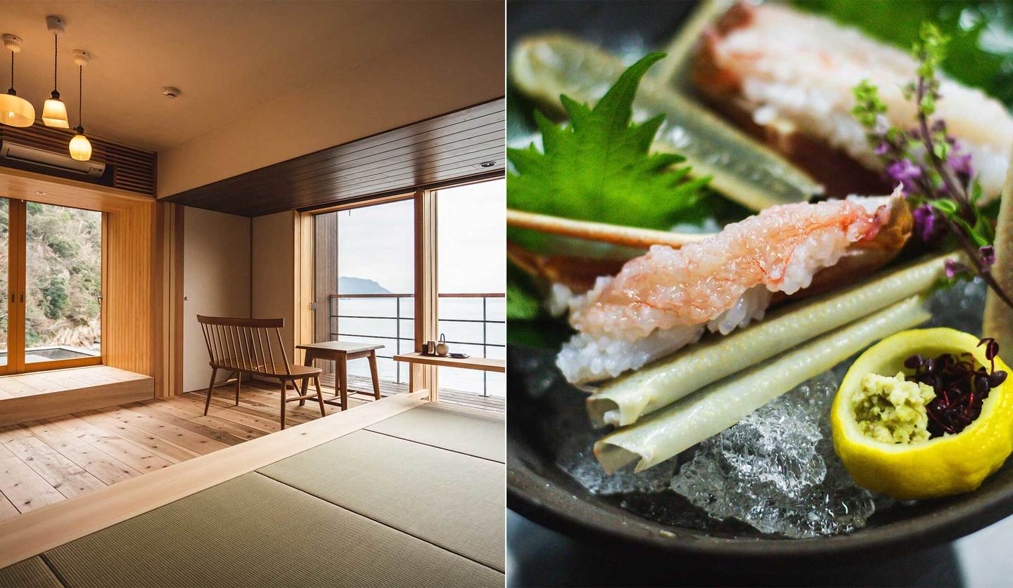 福井県「海香の宿 波華楼」の客室と、蟹のお刺身