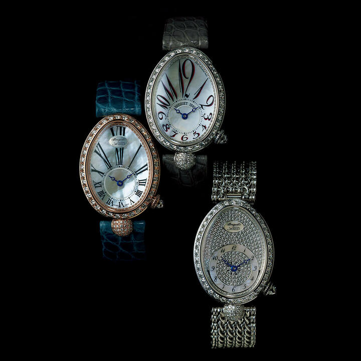 時計『クイーン・オブ・ネイプルズ 8928』［ケースサイズ縦33×横24.95㎜ 自動巻き］ 上／タイムレスなブレゲ数字がモダン。￥3,910,000［ホワイトゴールド×ダイヤモンド］・別注ストラップ￥65,700・中央／ローマ数字がアクセントに。￥3,800,000［ローズゴールド×ダイヤモンド］・別注ストラップ￥65,700・下／ダイヤモンドをふんだんに使った文字盤とホワイトゴールド製のチェーンを連ねたブレスレットの組み合わせが圧巻の存在。￥7,130,000［ホワイトゴールド×ダイヤモンド ホワイトゴールドブレスレット］（ブレゲ ブティック銀座）