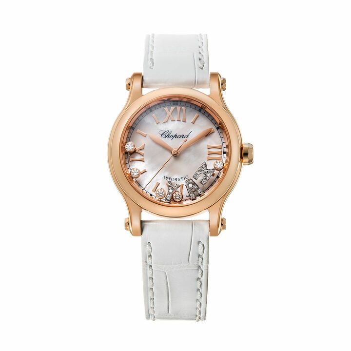 期間中は、「ハッピースポーツ」の、イニシャルムービングストーンを使ったカスタマイズオーダーが可能に！「ハッピースポーツ」ウオッチ￥1,550,000[18Kローズゴールド×ダイヤモンド、マザーオブパール文字盤、30mm径、自動巻き]※上記プライスは時計本体価格で、イニシャルムービングストーンの代金は別になります