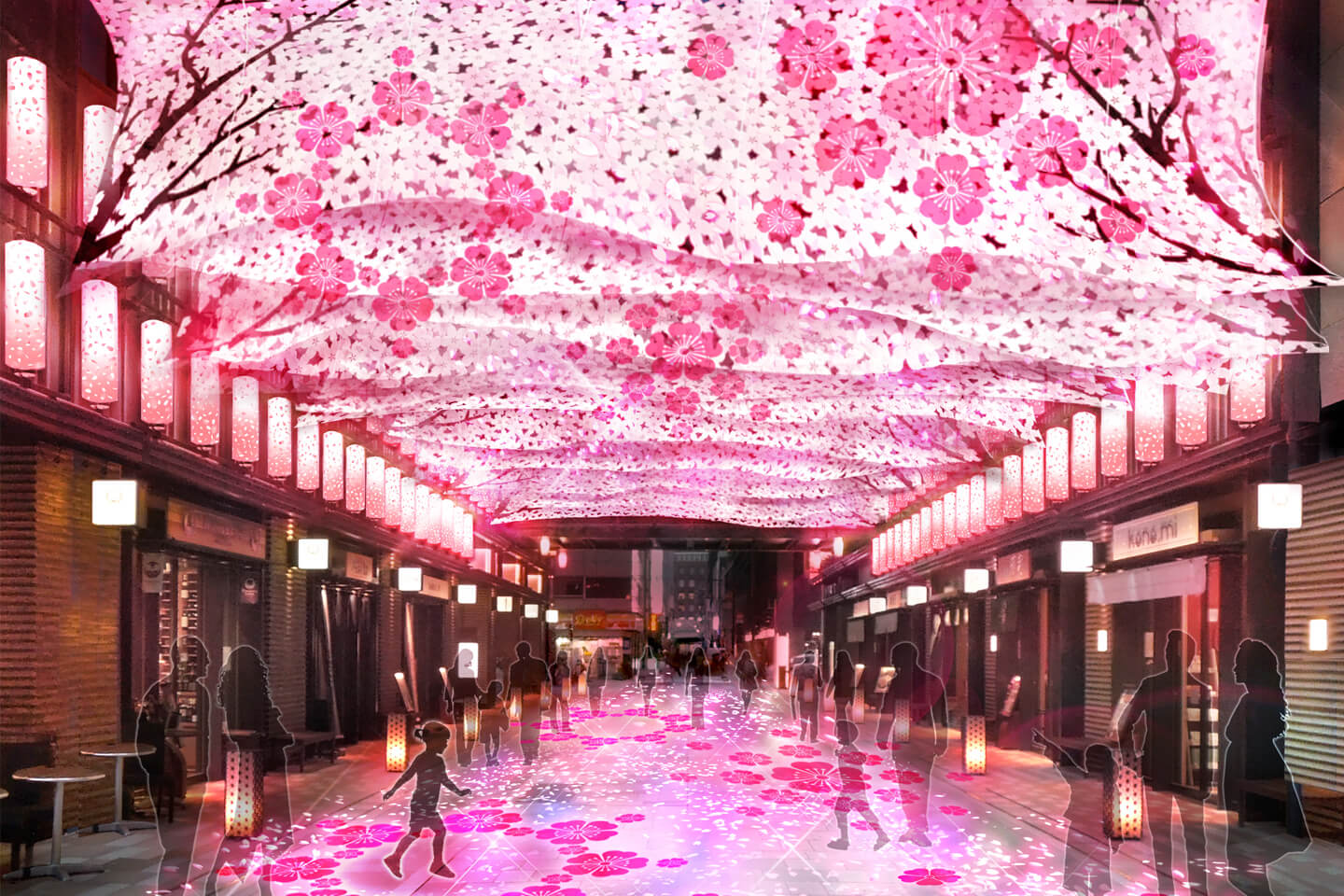 江戸切り絵をモチーフに桜並木を表現した約25mの「SAKURA TUNNEL」/©VELVETA DESIGN