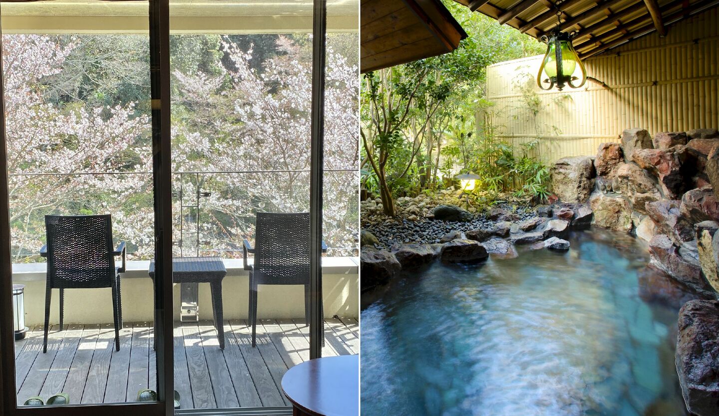 蓮台寺温泉・清流荘の客室からの桜景色、大浴場「朱鷺の湯」