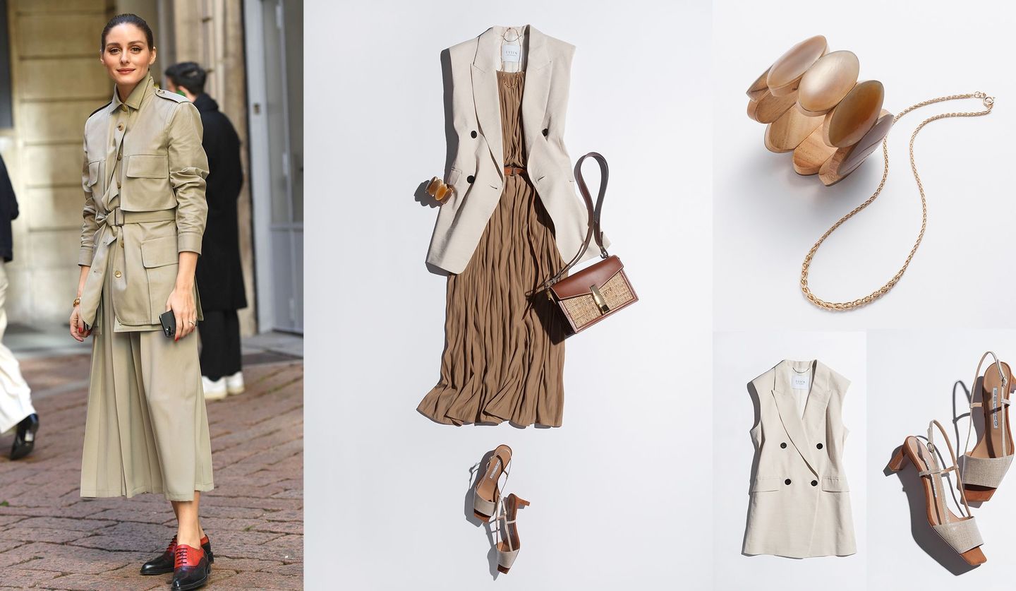 サファリスタイルのオリヴィアパレルモと洋服のコーディネート例、ベージュ色のバッグや靴