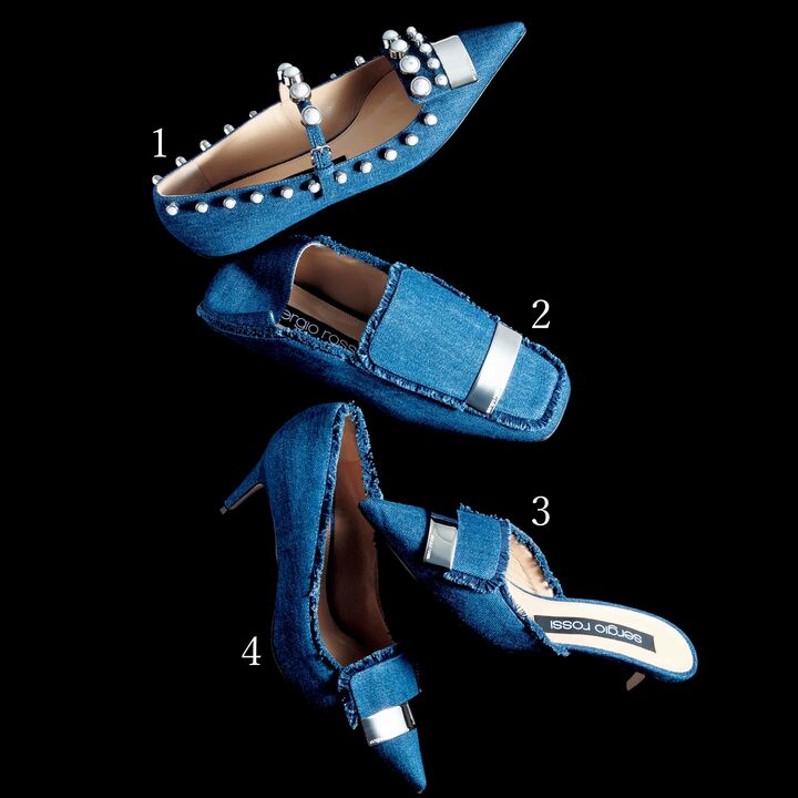 上から／フラットタイプも華やかな装飾で大人顔。靴［ヒール1㎝］￥139,000・カジュアルに欠かせない定番的人気のスリッパタイプ。靴［ヒール0.5㎝］￥85,000・ミュールタイプも長めのノーズが安定感のある履き心地を約束。靴［ヒール4.5㎝］￥81,000・シャープなフォルムに愛らしさが宿る、ショートフリンジ使い。靴［ヒール7.5㎝］￥89,000（セルジオ ロッシ ジャパン）　［Precious2020年4月号130ページ］