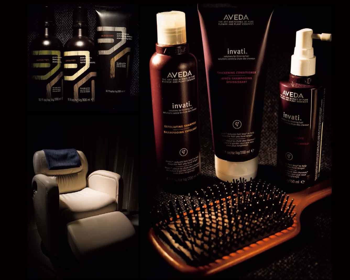 エイジングケアのシリーズである「インヴァティ」や、男性用シリーズ「アヴェダ メン」のヘアケアを使用。これらの製品はサロン内で購入できる。写真のパドルブラシは、頭皮マッサージにちょうどいい。ヘッドスパと併用できるオプションメニューとして、眉カットや、エステ感覚で受けられるフェイスケアも用意している。