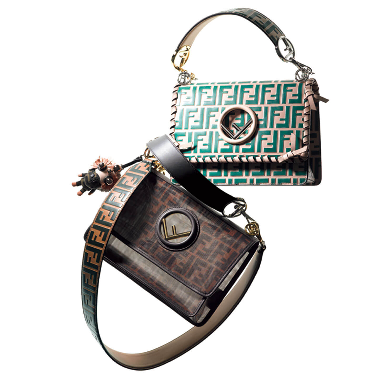 雑誌『Precious』2018年4月号142ページにも「F is FENDI」ロゴをあしらったバッグが登場! バッグ「キャナイ エフ」上/¥377,000【縦18×横25×マチ10.5㎝、ほかに同柄のショルダーストラップ付き】・下/¥254,000【縦18×横25×マチ10.5㎝、ほかに黒のショルダーストラップ付き】・ショルダーストラップ「ストラップ ユー」¥72,000・チャーム「スペース モンキー」¥87,000(すべて税抜)(フェンディ ジャパン) 撮影/唐澤光也(パイルドライバー)