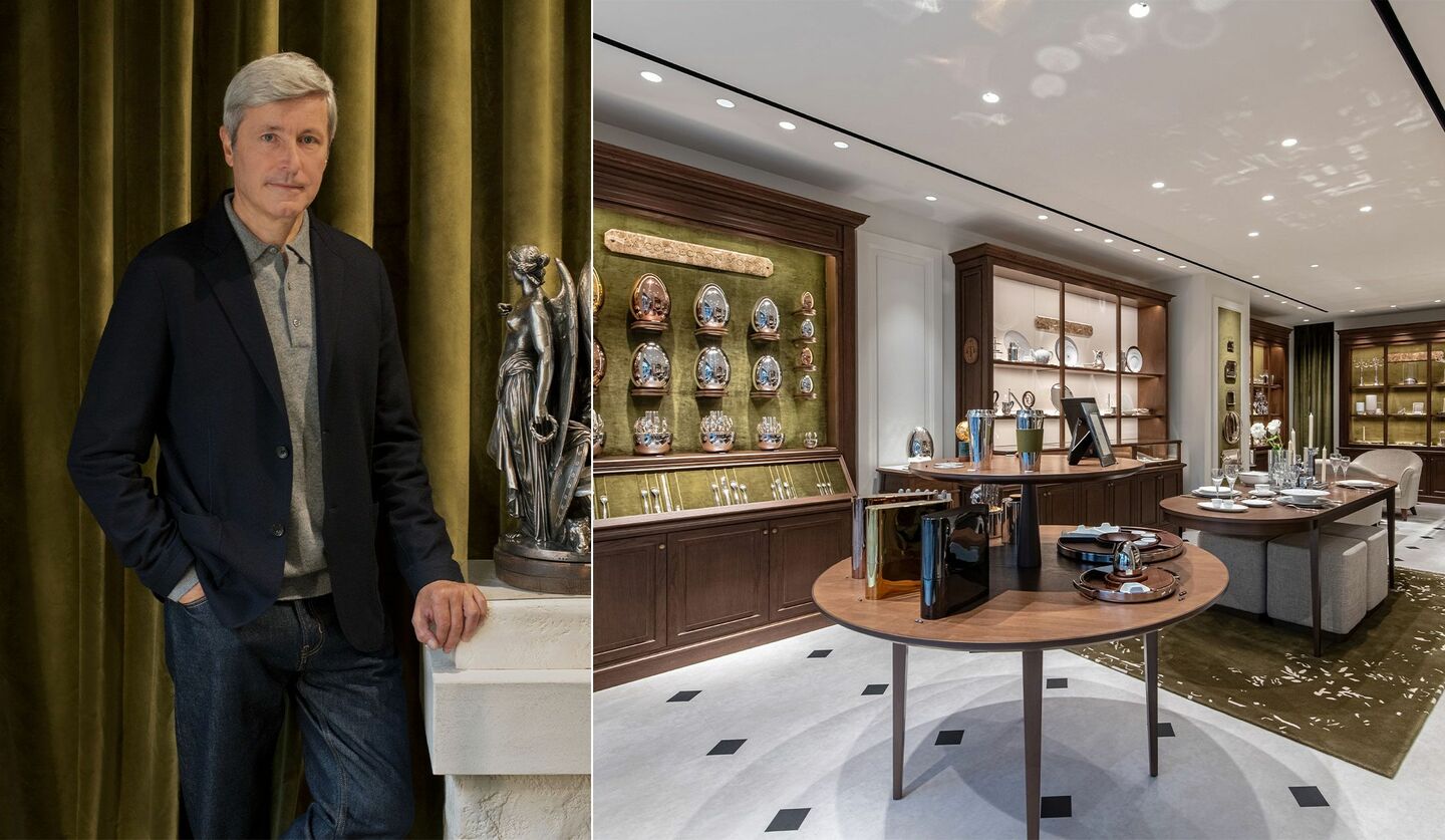 「クリストフル」CEOのハムディ・シャティさんとクリストフル青山本店の店内