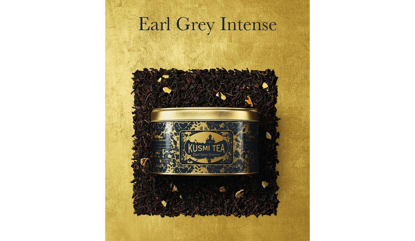 「KUSMI TEA（クスミティー）」の「Earl Grey Intense（アールグレイ インテンス）」の「ティーリーフ」と「ティーバッグ」のパッケージ