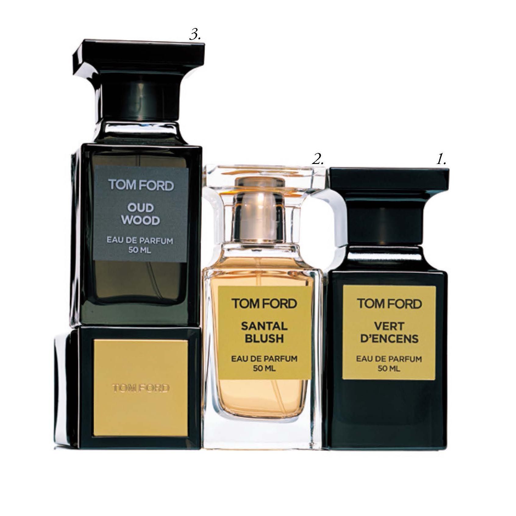 1.ヴェール ダンサン オード パルファム スプレィ ●50ml ¥28,000・2.サンタル ブラッシュ オード パルファム スプレィ ●50ml ¥28,000・3.ウード・ウッド オード パルファム スプレィ ●50ml ¥28,000
